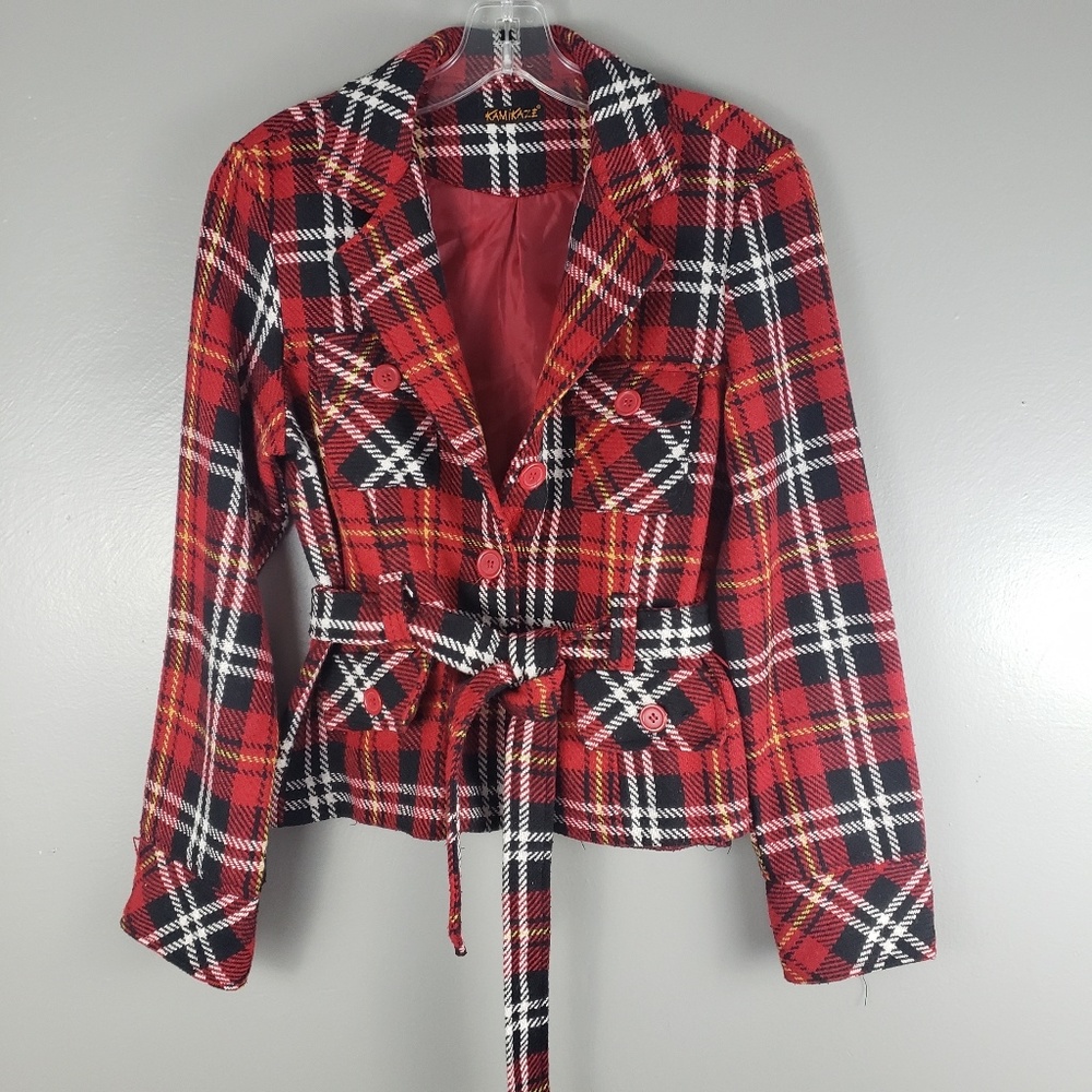 Kamikaze  vintage plaid cropped tie waist jacket